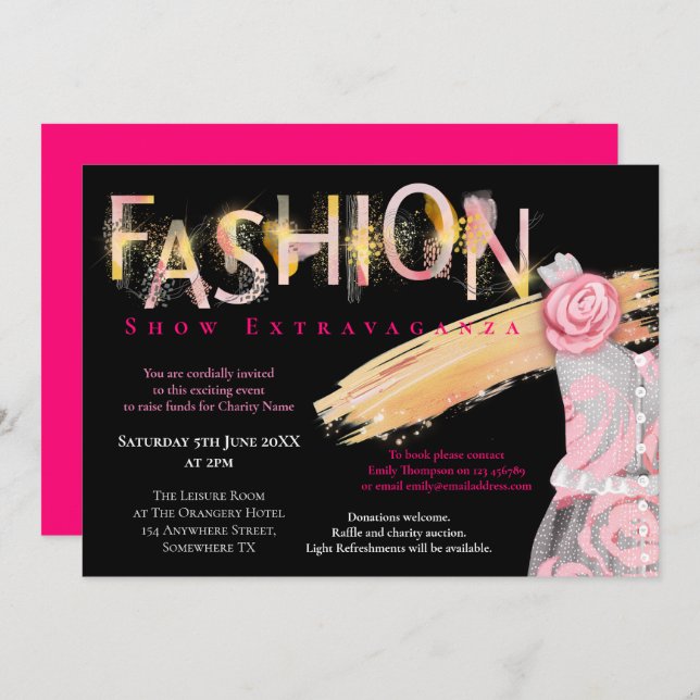 Invitation Fashion Show Événement Typographie Arty Rose Noir (Devant / Derrière)