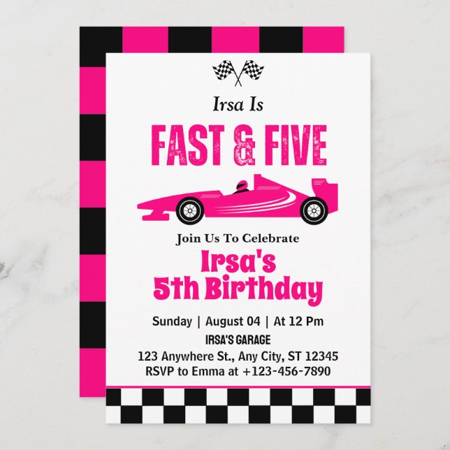 Invitation Fast & Five Race Car Girl 5e fête d'anniversaire (Devant / Derrière)