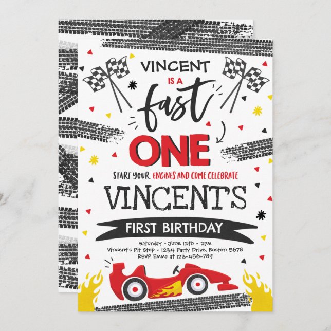 Invitation Fast One 1er Anniversaire Party Red Race Car Fast  (Devant / Derrière)