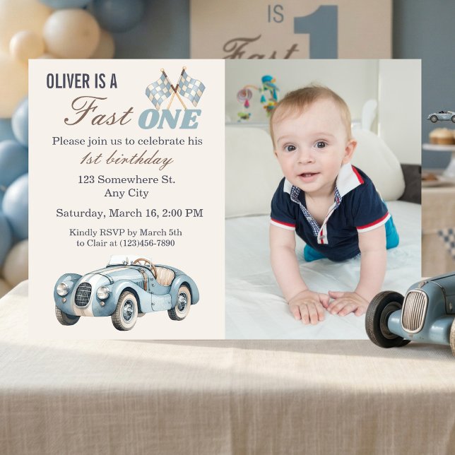Invitation Fast One 1er Anniversaire Voiture de Course Bleue  (Fast One 1st Birthday Photo Invitation )