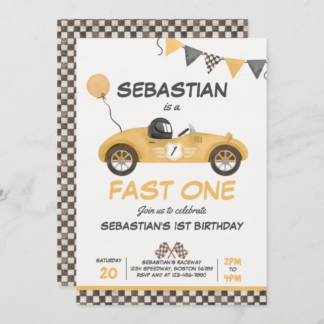 Invitation Fast One Anniversaire Jaune Course Voiture Anniver (Devant / Derrière)