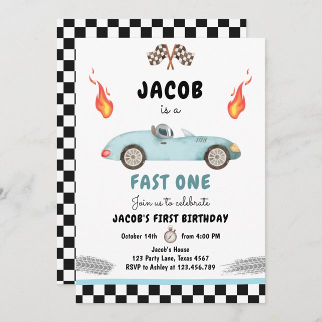 Invitation Fast One Anniversday Party Race Car Blue 1er Anniv (Devant / Derrière)