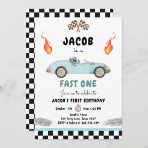 Invitation Fast One Anniversday Party Race Car Blue 1er Anniv