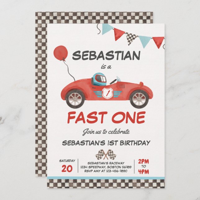 Invitation Fast One Anniversday Party Red Race Car 1er Annive (Devant / Derrière)
