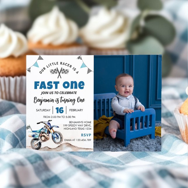 Invitation Fast One Blue Dirt Bike Birthday Party Photo (Créateur téléchargé)