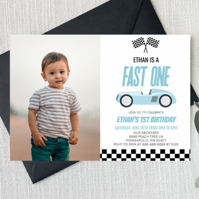 Invitation Fast One Blue Race Car 1ère fête d'anniversaire (Créateur téléchargé)