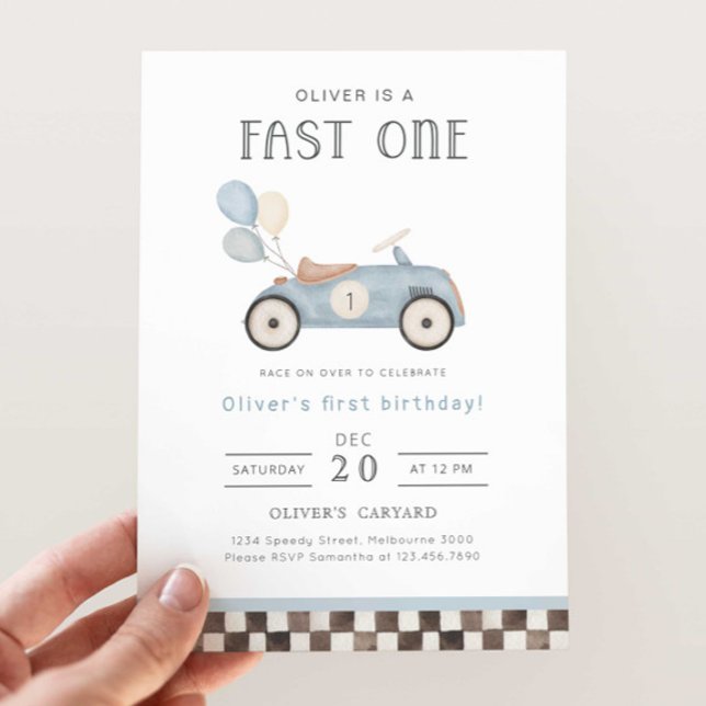 Invitation Fast One Blue Race Car & Balloons 1er anniversaire (Créateur téléchargé)