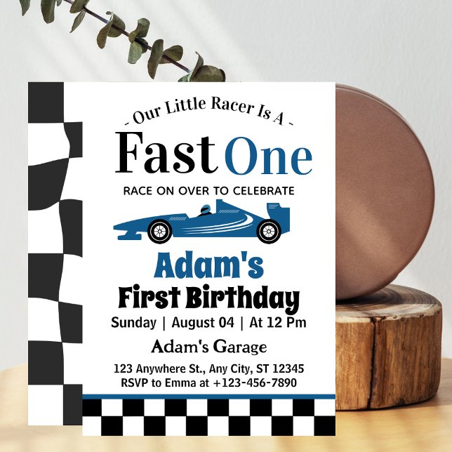 Invitation Fast One Blue Race Car Boy 1er anniversaire (Créateur téléchargé)