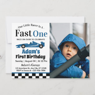 Invitation Fast One Blue Race Car Boy 1er anniversaire