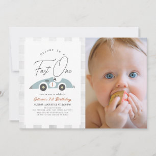 Invitation Fast One Blue Race Car Boy 1er Anniversaire Photo