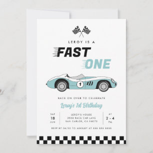 Invitation Fast One Blue Vintage Race Car Boy 1er anniversair