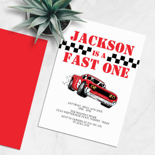 Invitation Fast One Modern Red Race Car Garçon 1er anniversai