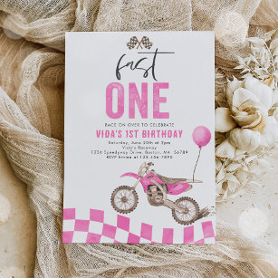 Invitation Fast One Pink Dirt Bike Girl 1ère fête d'anniversa