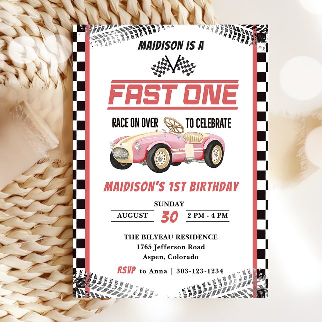 Invitation Fast One Race Car Girl 1er Anniversaire (Créateur téléchargé)