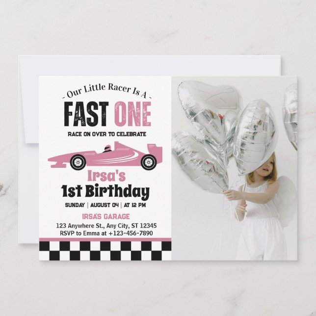 Invitation Fast One Race Car Girl 1er Anniversaire de fête Ph (Devant)