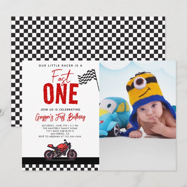 Invitation Fast One Race Motorcycle Photo 1st Birthday Party (Devant / Derrière)