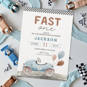 Invitation Fast One Racing Car Blue Boy 1er anniversaire