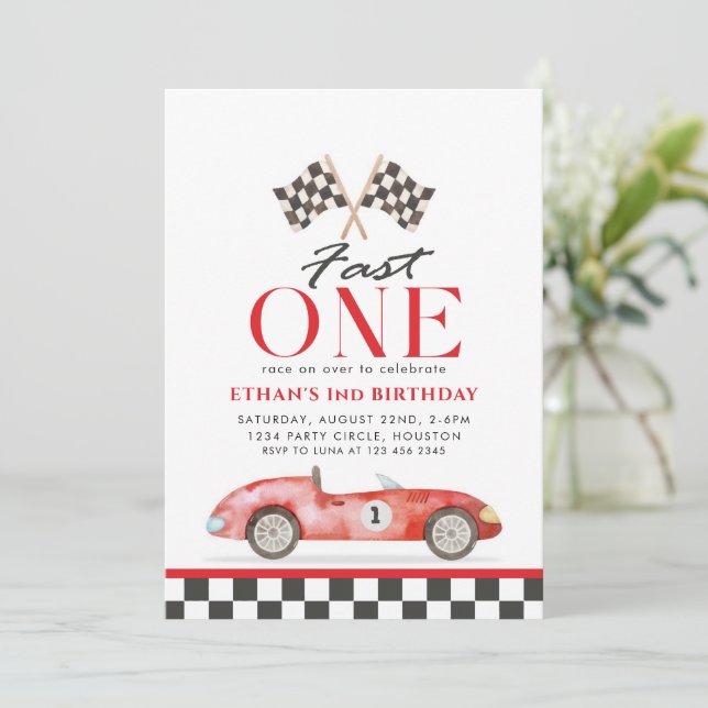 Invitation Fast One Racing Red Car premier anniversaire (Debout devant)