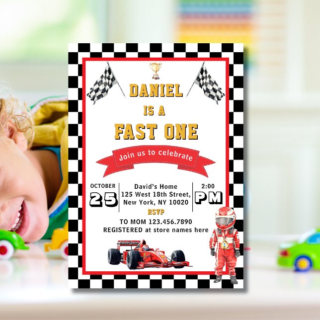 Invitation Fast One Racing Theme Checkered Flag Birthday (Créateur téléchargé)