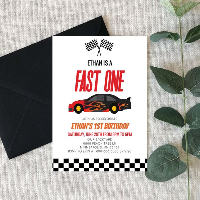 Invitation Fast One Red Flame Race Voiture 1er anniversaire f (Créateur téléchargé)