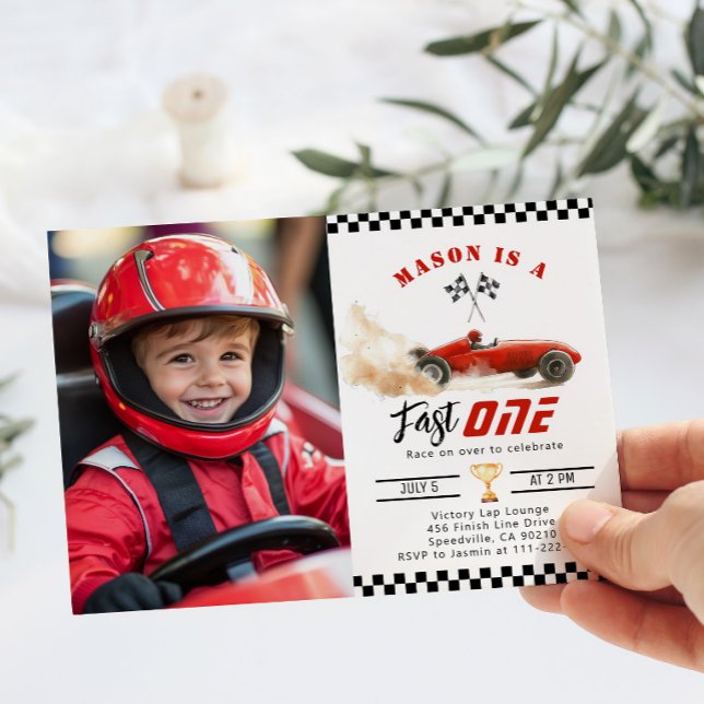 Invitation Fast One Red Photo Race voiture garçon 1er anniver (Créateur téléchargé)