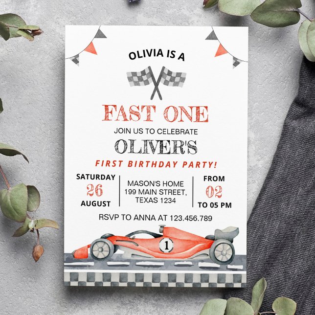 Invitation Fast One Red Race Car 1er Garçon Anniversaire Invi (Créateur téléchargé)