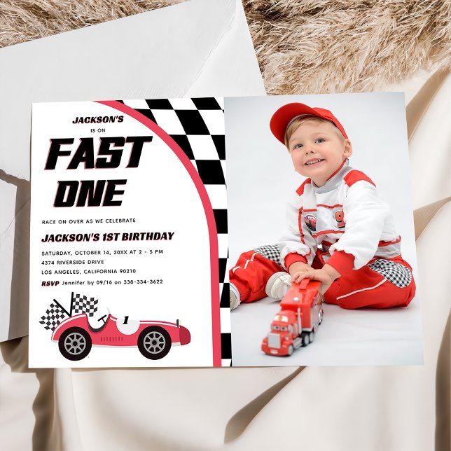 Invitation Fast One Red Race Car Anniversaire Photo (Créateur téléchargé)
