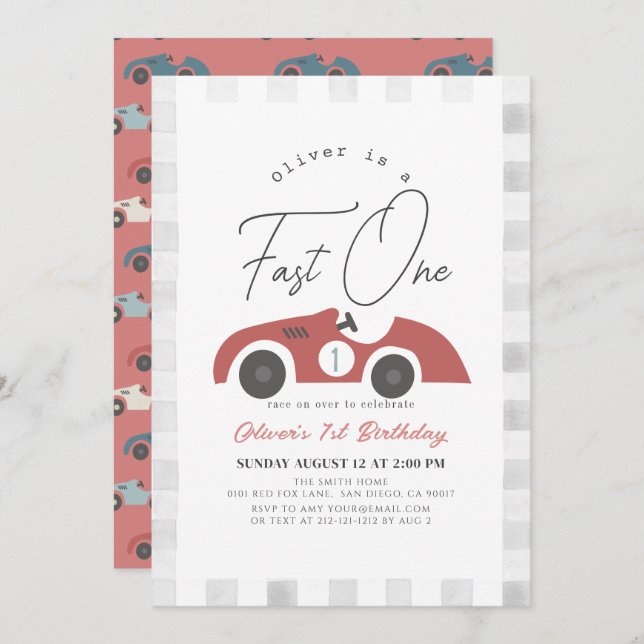 Invitation Fast One Red Race Car Boy 1er anniversaire (Devant / Derrière)