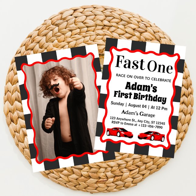 Invitation Fast One Red Race Car Boy 1st Birthday Party Photo (Créateur téléchargé)