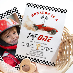 Invitation Fast One Red race car Garçon 1er anniversaire Phot