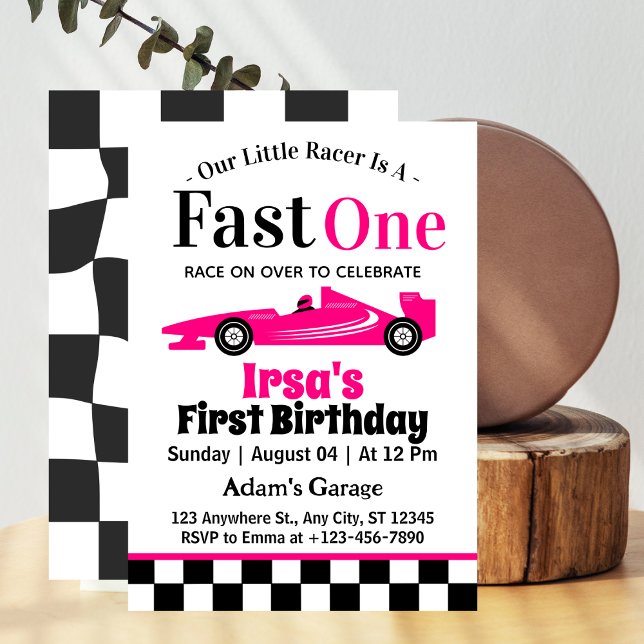 Invitation Fast One Rose Race Car Girl 1er anniversaire fête (Créateur téléchargé)