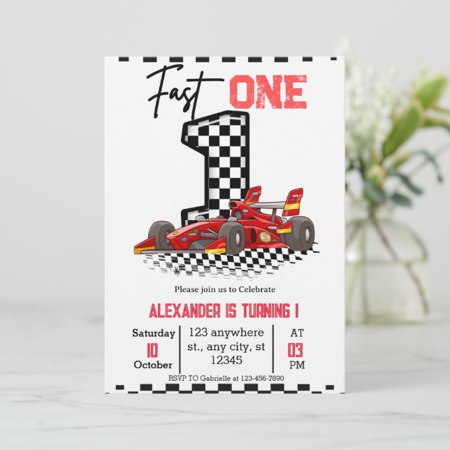 Invitation  Fast One Speed Red Race 1st Birthday Boy (Debout devant)