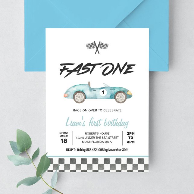 Invitation Fast ONE Vintage Race Car 1er anniversaire (Créateur téléchargé)
