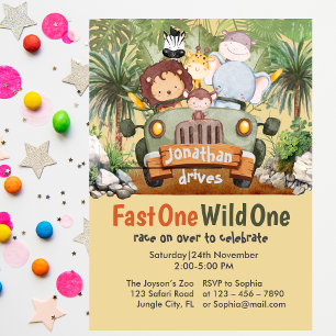 Invitation Fast One Wild One Safari Animaux Voiture 1er anniv