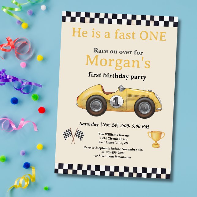 Invitation Fast One Yellow Race Car Enfants Première fête d'a (Créateur téléchargé)