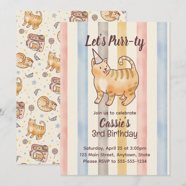 Invitation Fat Orange Watercolor Cat Birthday Collection (Devant / Derrière)