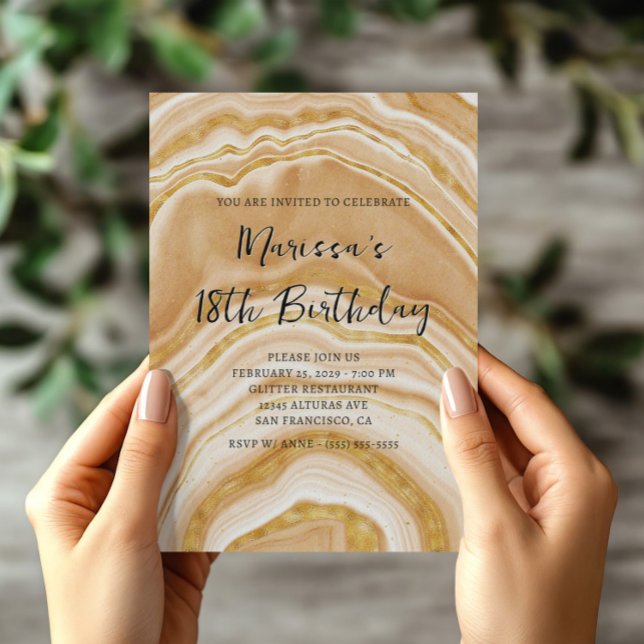 Invitation Fausse Agate Dorée 18e Anniversaire (Faux Golden Agate 18th Birthday Invitation)
