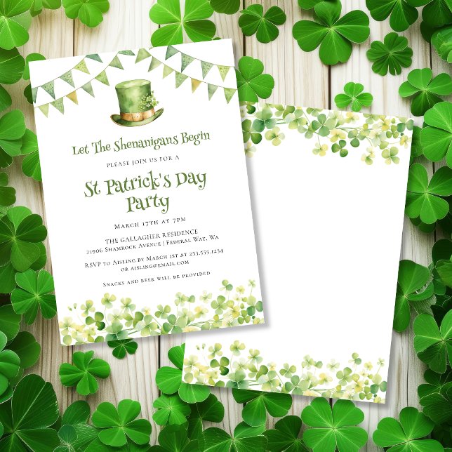Invitation Fausse Fleur Verte Aquarelle Fête de la Saint-Patr (Green Watercolor Shamrock St Patrick's Day Party Invitation)