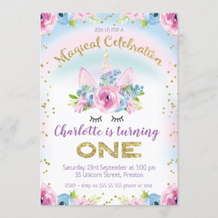 Invitation fausse Gold Unicorn Rainbow 1st Birthday Invitatio
