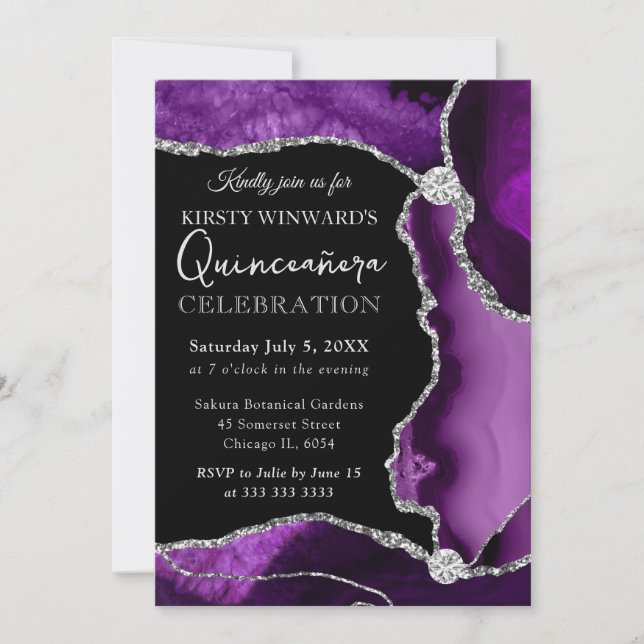 Invitation Faux agate violet et argent pour Quinceanera (Devant)