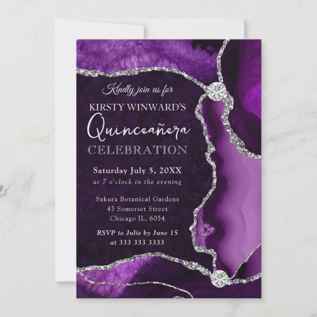Invitation Faux agate violet et argent pour Quinceanera (Devant)