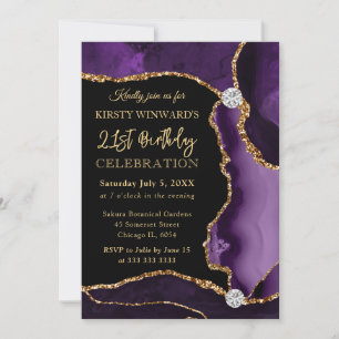 Invitation Faux agate violet et or Anniversaire scintillant