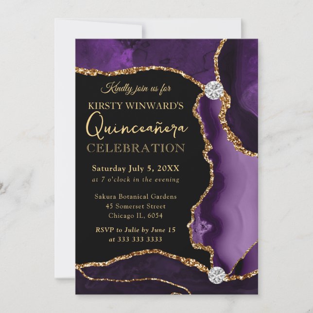 Invitation Faux agate violet et or pour Quinceanera (Devant)