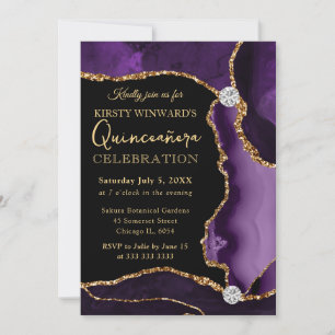 Invitation Faux agate violet et or pour Quinceanera