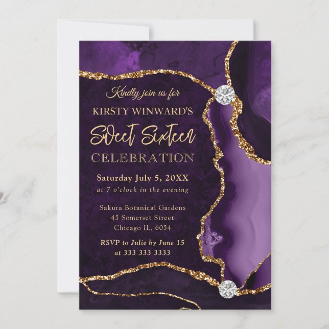 Invitation Faux agate violet et or scintillant Sweet 16 (Devant)