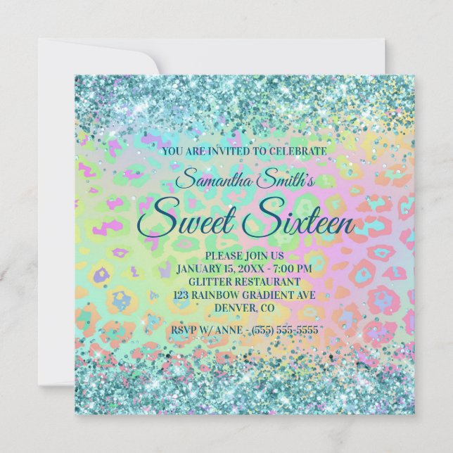 Invitation Faux Aqua Blue Parties scintillant Rainbow Leopard (Devant)
