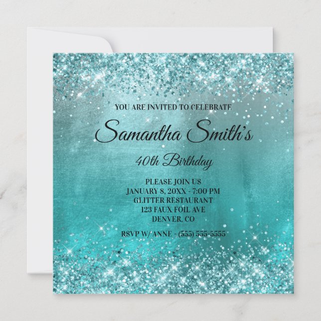 Invitation Faux Aqua Parties scintillant bleue et Foil 40e an (Devant)
