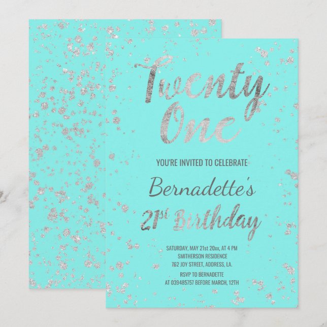 Invitation Faux argent confetti splatters turquoise 21e anniv (Devant / Derrière)