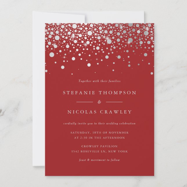 Invitation Faux Argent Foil Confetti Points Mariage rouge (Devant)