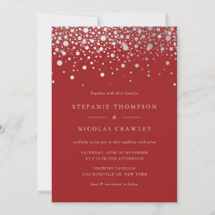 Invitation Faux Argent Foil Confetti Points Mariage rouge